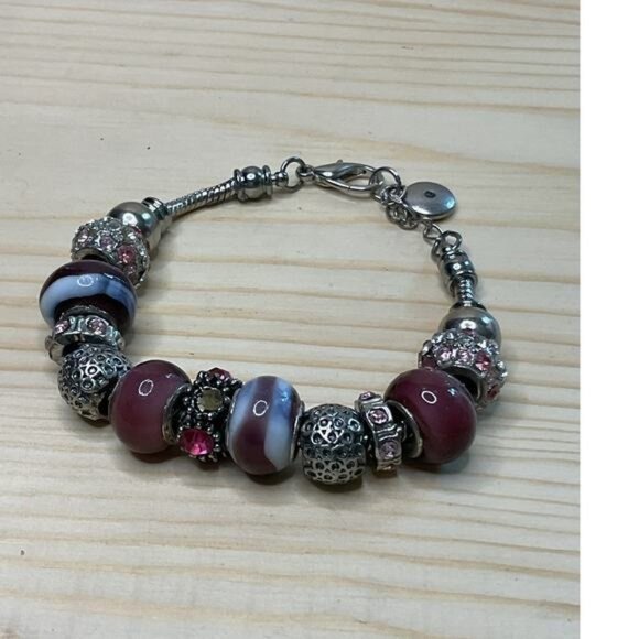 Beaded Bracelet With Burgundy Glass & Silver-Tone Metal Beads Adjustable - Picture 5 of 6